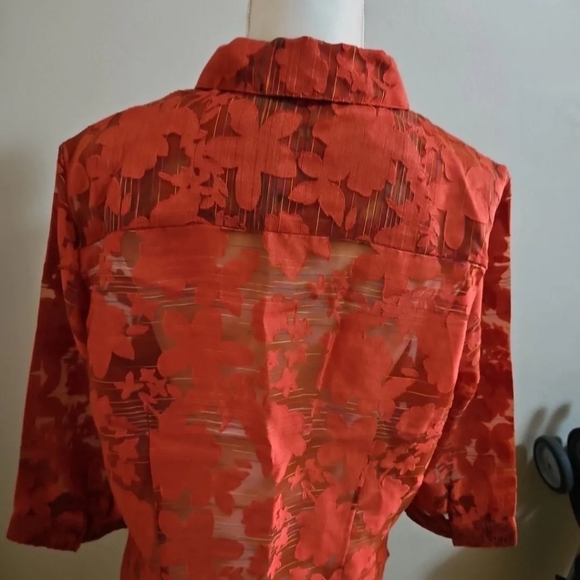 Norton Mcnaughton Red Floral Sheer Button Down Top Blouse size 16 - Picture 3 of 5